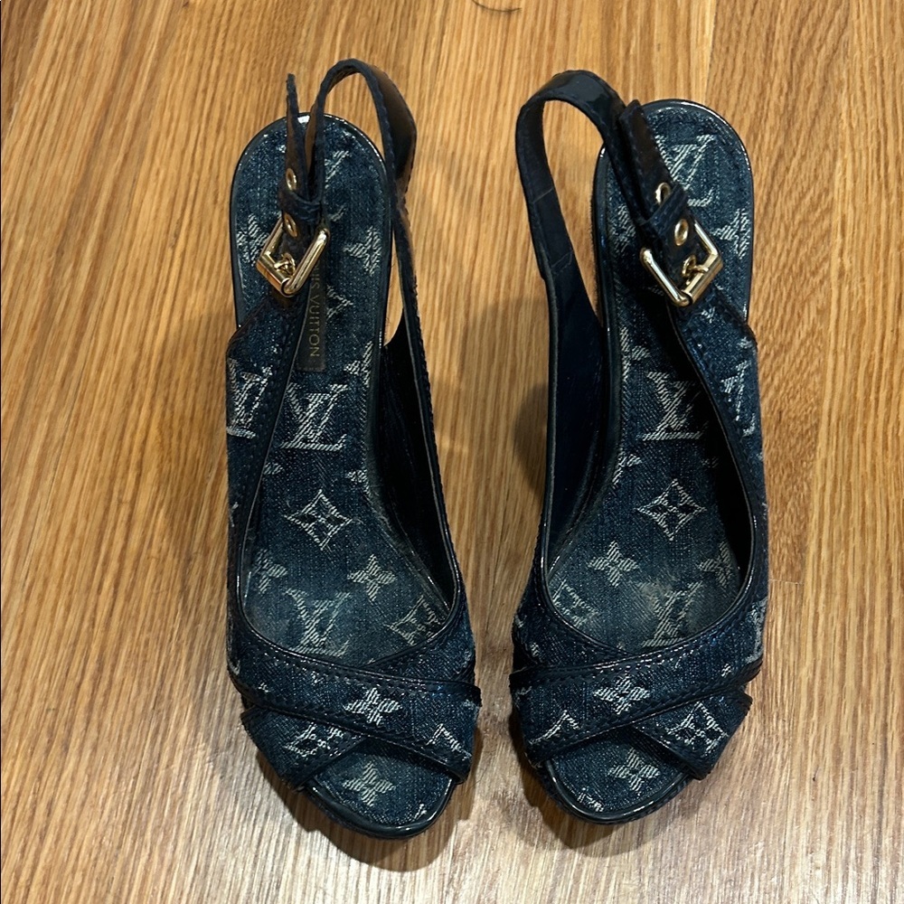Vintage Louis Vuitton blue denim Wedge Sandals espadrille shoe 37 - Picture 5 of 12